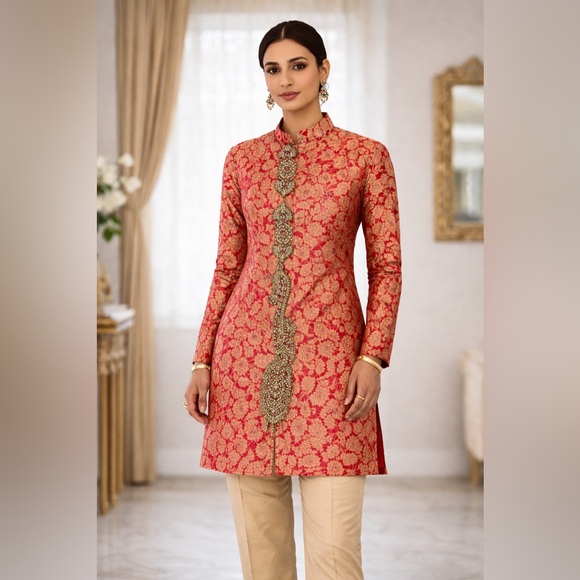 India Boutique Other - India Boutique Brocade Red silk shirt and cream raw silk pants